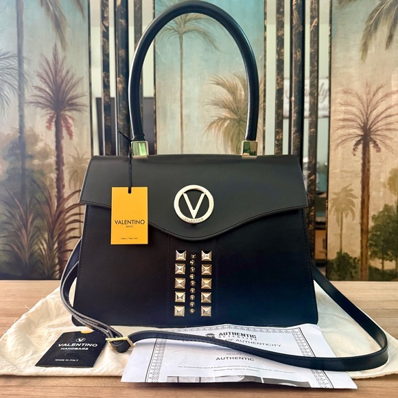 Valentino Handbags - Valentino Genuine Black Leather Studded Melanie 2 Way Top Handle Shoulder Bag